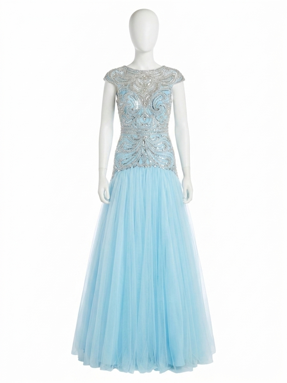 NEW MAC DUGGAL cap sleeve ornate illusion trumpet gown in ice blue